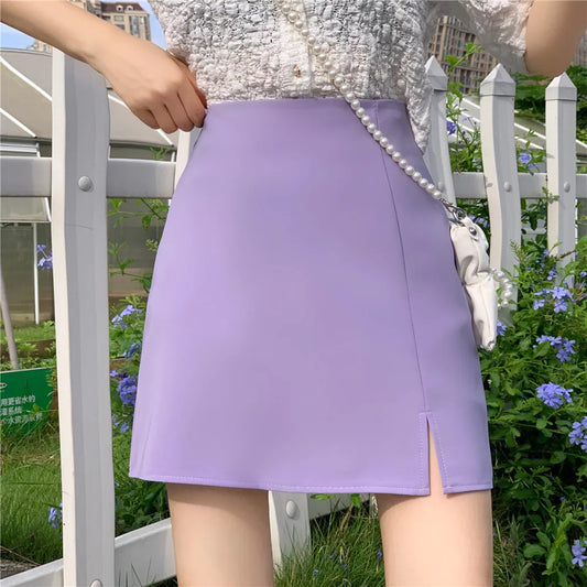Girls Summer Mini Skirts Women Simple Solid Split Trendy Chic High Waist Bottom Skirt With Linning
