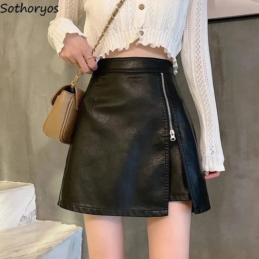 Skirts Women A-line Zipper Design Spring Pu Leather All-match Solid Korean Style Elegant Vintage Cozy Daily Leisure Mini Skirt