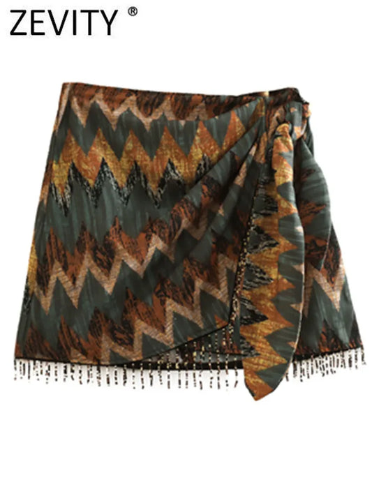 Zevity Women Vintage Geometric Print Knotted Mini Sarong Skirt Faldas Mujer Female Beading Tassel Casual Zipper Vestidos QUN1436